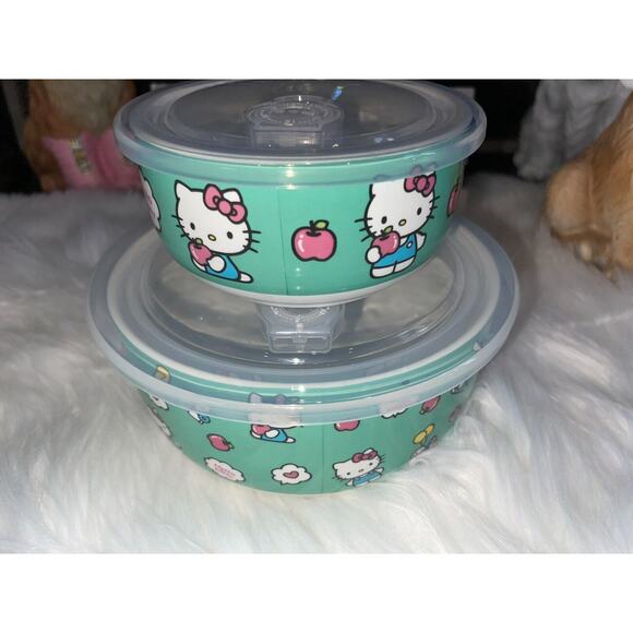 HTF Hello Kitty Set of 2 Ceramic Food Storage Bowls Vented Lid Pastel Apples SML - Picture 3 of 8